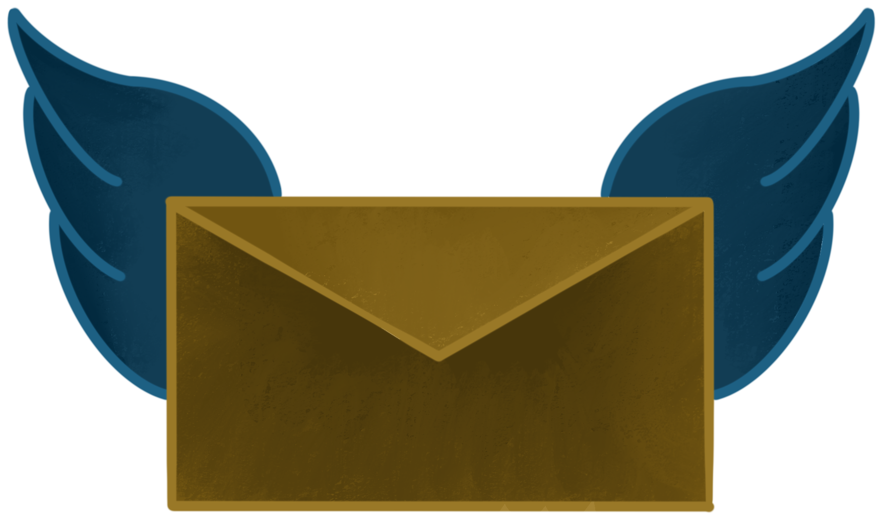 blue and gold icon showing a greeting card with wings