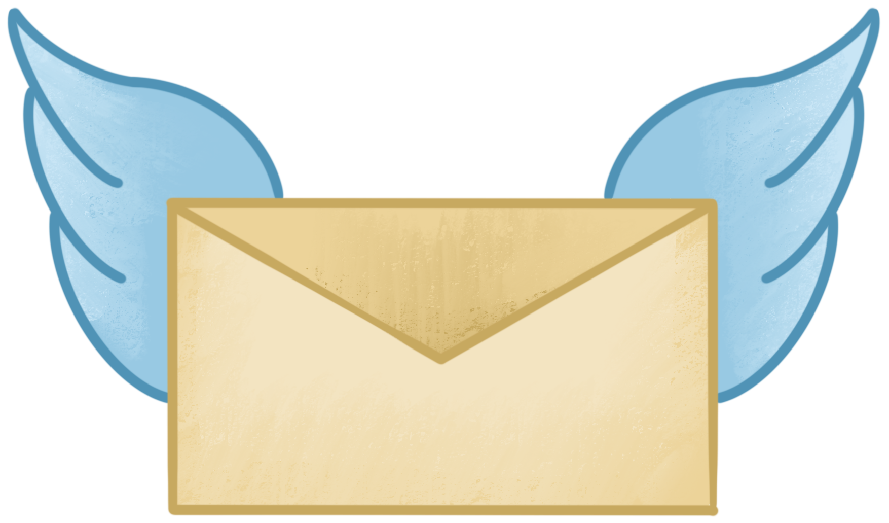 blue and gold icon showing a greeting card with wings