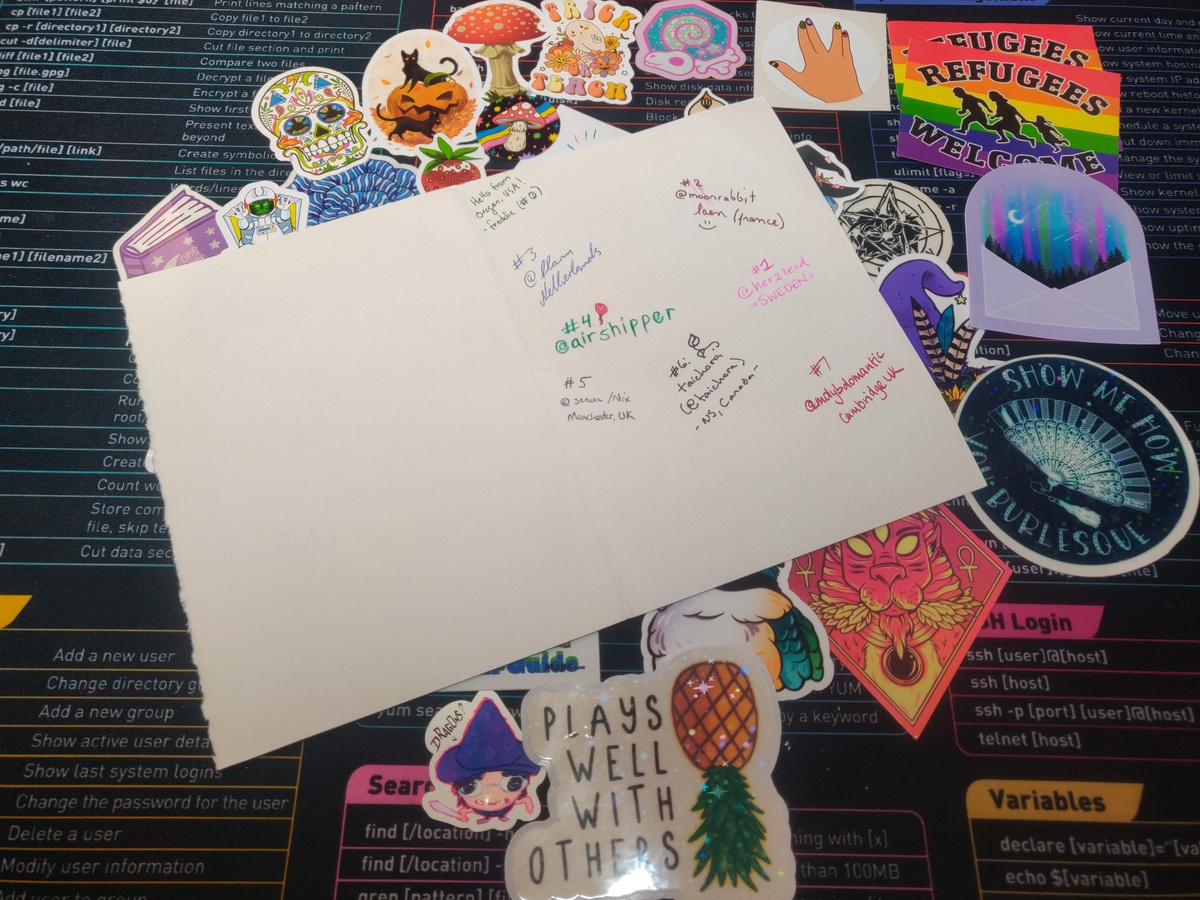 an open greeting card amidst a pile of colorful stickers. It is signed by 8 different people.