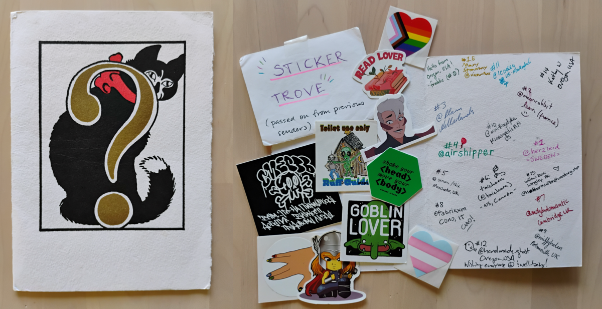 two images stitched together. The first one shows the front of the card, which has a design of a cat peeking out from behind a question mark. The second shows the open card with all signatures and many stickers.
